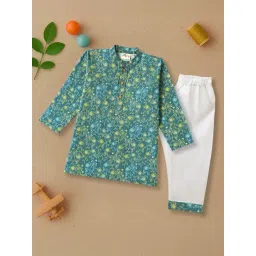 Desi Soota Kids Teal Cotton Printed Kurta Pants Set-picture-23