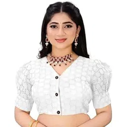 Designer Puff Sleeve Readymade Blouse for Women Button Front Cotton Blouse for Saree-picture-18