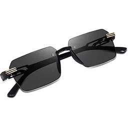 Designer Rimless Rectangular Sunglasses, Black Frame with Gold Accents, UV Protection-picture-32