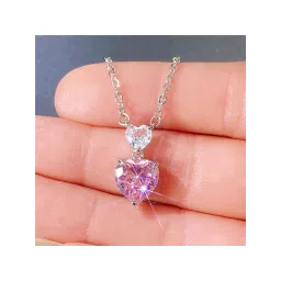 Designs & You Silver Plated American Diamond Studded Pink Heart Shape Pendant-picture-11