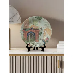 DESSINE ART Green & Brown Traditional Mughal Garden Decorative Wall Plate-image-2