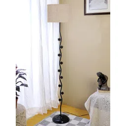 Devansh Beige & Black Textured Star Iron Floor Lamp With Jute Drum Shade-picture-17