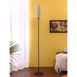 Devansh Beige & Black Thin Iron Floor Lamp With Cylindrical Bamboo Shade-picture-22