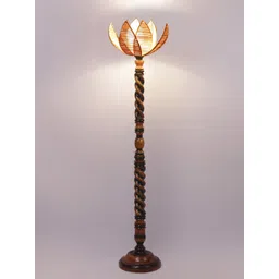 Devansh Beige & Brown Closed Snake Wooden Lotus Floor Lamp With Bamboo Shade-picture-38