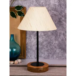Devansh Beige & Brown Solid Traditional Bedside Table Lamp with Wood Base-image-10