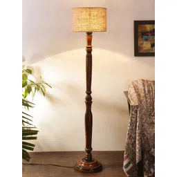 Devansh Beige & Brown Traditional Wood Floor Lamp With Jute Cylindrical Shade-image-9