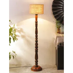 Devansh Beige & Brown Traditional Wood Floor Lamp With Jute Cylindrical Shade-image-41