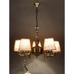 Devansh Beige & Gold-Toned Textured Conical Jute 5 Lamp Shade Chandelier-picture-10