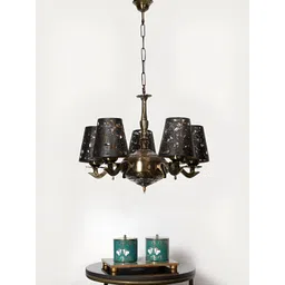 Devansh Black & Gold-Toned Metal Etched shade with Antique Golden Chandelier Ceiling Lamp-image-13