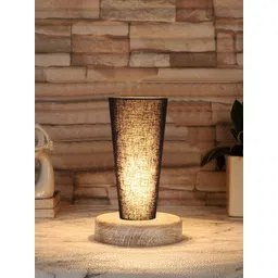 Devansh Black and White Cotton lamp with brushed Round wooden base Table Lamps-image-0