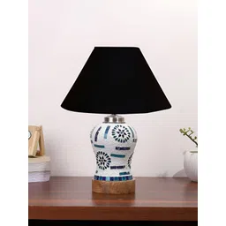 Devansh Black Textured Traditional Frusturical Shaped Wooden Table Lamp & Mosaic Glass-image-33