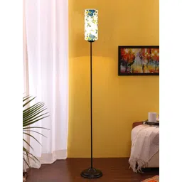 Devansh Blue & White Thin Iron Floor Lamp With Cylindrical Floral Printed Cotton Shade-picture-52