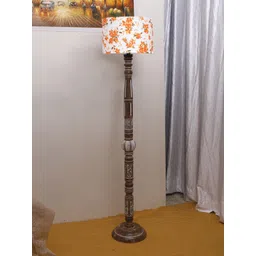 Devansh Brown & White Printed Cotton Drum Wooden Floor Lamp image 1