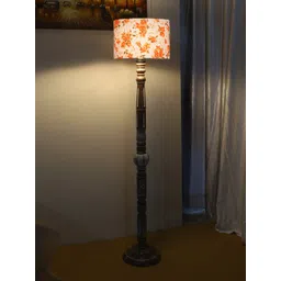 Devansh Brown & White Printed Cotton Drum Wooden Floor Lamp image 5