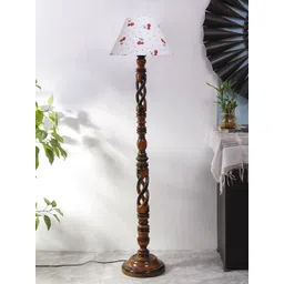 Devansh Brown & White Printed Cotton Frustum Shade Open Snake Wooden Floor Lamp-picture-21