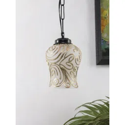 Devansh Gold-Toned & Beige Printed Mosaic Glass Hanging Light-image-46