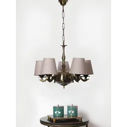 Devansh Grey Conical cotton shade with Antique Golden Chandelier Metal Ceiling Lamp-image-14