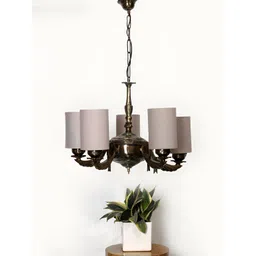 Devansh Grey Round cotton shade with Antique Golden Chandelier Metal Ceiling Lamp-image-43