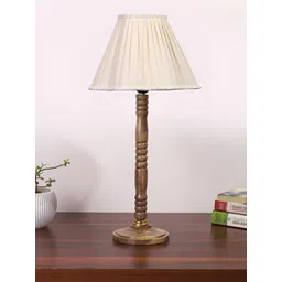Devansh Off White and Brown Textured Wooden Frusturical Shaped Table Lamp-picture-14
