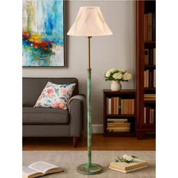 Devansh Off White & Green Textured Wooden & Cotton Frustum Shaped Floor Lamp-picture-21