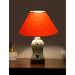 Devansh Orange & White Textured Wooden Frustum Shaped Table Lamp With Mosaic Glass Base-image-40