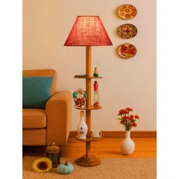 Devansh Pink & Brown Frustum Shape Cotton Shade Wooden Base Foor Lamp-picture-26