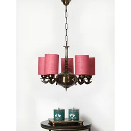 Devansh Pink Jute Round shade with Antique Golden Chandelier Metal Ceiling Lamp-picture-20