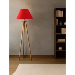 Devansh Red cotton Drum shade with Wooden Tripod Lamp-picture-12