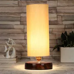 devansh Scarlett off-white cotton table lamp with brown wood base-picture-10