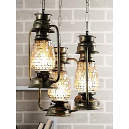 Devansh Set of 3 Gold Antique Cluster Lantern Mosaic Glass Hanging Lamp-picture-33