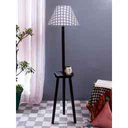 Devansh White & Blue Printed Cotton Conical Shade Wooden Floor Lamp-picture-33