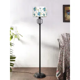 Devansh White & Blue Printed Cylinder Shape Cotton Shade Floor Lamp-picture-21