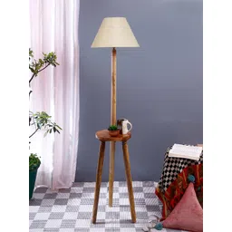 Devansh White & Brown Cotton Conical Shade Wooden Floor Lamp-picture-57