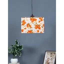 Devansh White & Orange Coloure Floral Printed Square Cotton Hanging Pendant Ceiling Lamp-picture-13