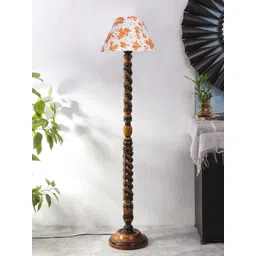 Devansh White & Orange Coloured Printed Wooden Conical Floor Lamp-picture-34