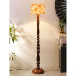 Devansh White & Orange Floral Printed Cotton Wooden Floor Lamp-picture-25