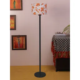 Devansh White & Orange Floral Printed Cylindrical Traditional Floor Lamp with Shade-picture-16