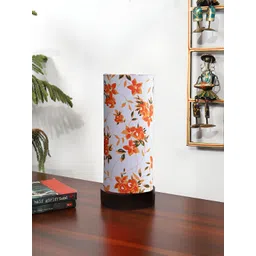 Devansh White & Orange Floral Printed Wooden Contemporary Cylindrical Shaped Table Lamp-picture-19