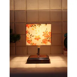 Devansh White & Orange Floral Printed Wooden Table Lamp with Cotton Square Shade-picture-17