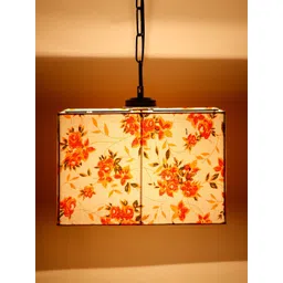 Devansh White & Red Floral Printed Square Cotton Drum Hanging Lamp-picture-20
