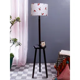 Devansh White & Red Printed Cotton Drum Shade Wooden Floor Lamp-picture-11
