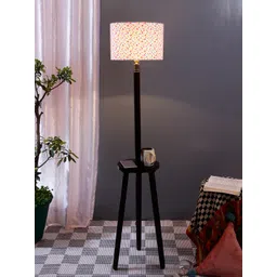 Devansh White & Red Printed Cotton Drum With Wooden Table Floor Lamp image 1
