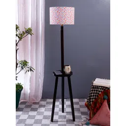 Devansh White & Red Printed Cotton Drum With Wooden Table Floor Lamp image 2