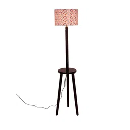 Devansh White & Red Printed Cotton Drum With Wooden Table Floor Lamp image 4
