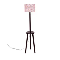 Devansh White & Red Printed Cotton Drum With Wooden Table Floor Lamp image 5