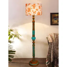 Devansh White & Turquoise Blue Printed Floor Lamp With Wooden Base-picture-18