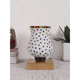 Devansh White & Yellow Mosaic Design Square Shaped Wooden Table Lamp With Glass Shade-image-22
