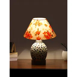 Devansh White Floral Printed Wooden Frustum Shaped Table Lamp With Mosaic Glass Base-picture-29