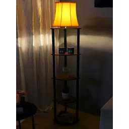 Devansh Yellow & Brown Cotton Iron Floor Standing Lamp With Shelves-picture-32