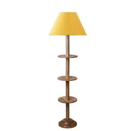 Devansh Yellow & Brown Frustum Shape Cotton Shade Wooden Base Foor Lamp-picture-45
